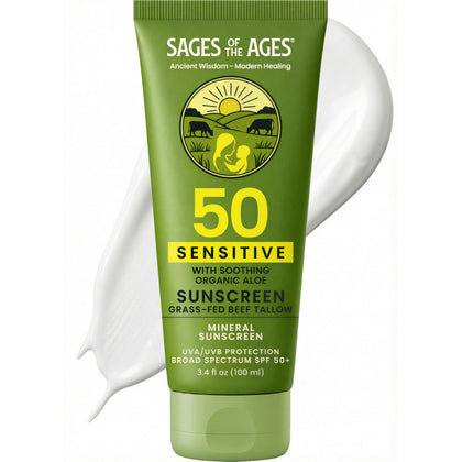 Sages Of The Ages front packaging showing SPF 50 protection and natural branding benefit