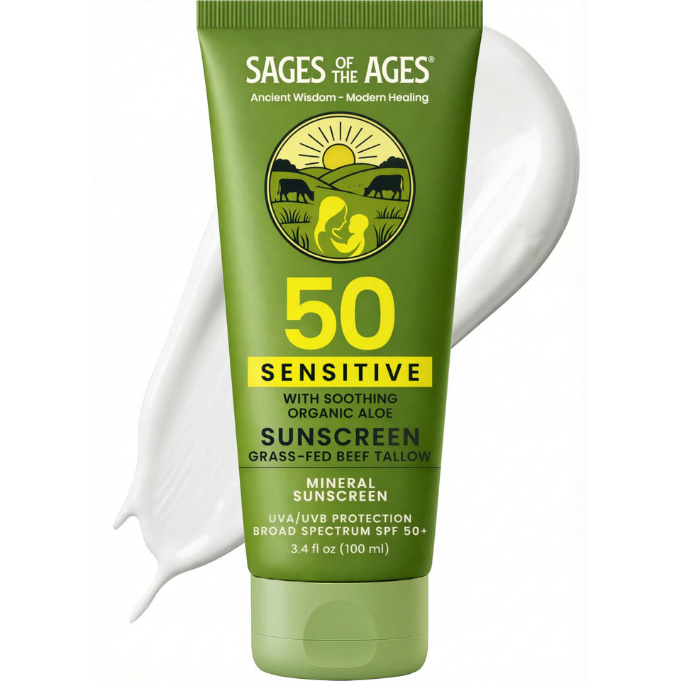 Sages Of The Ages front packaging showing SPF 50 protection and natural branding benefit