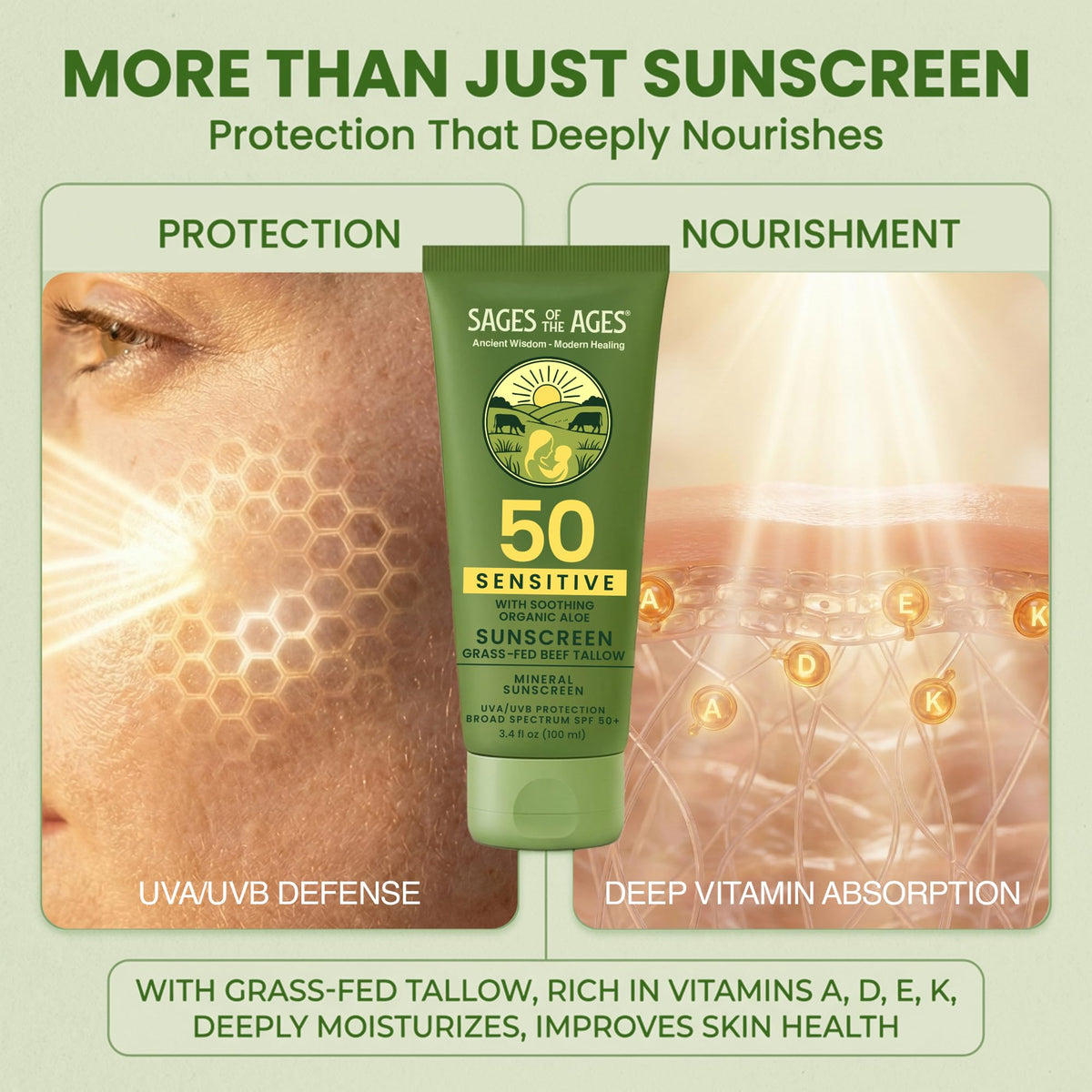 Sages Of The Ages ingredients label close-up showing non-nano zinc and aloe clarity