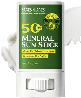 Sages Of The Ages front packaging showing compact SPF 50 stick for travel
