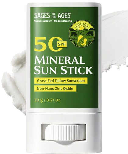 Sages Of The Ages front packaging showing compact SPF 50 stick for travel