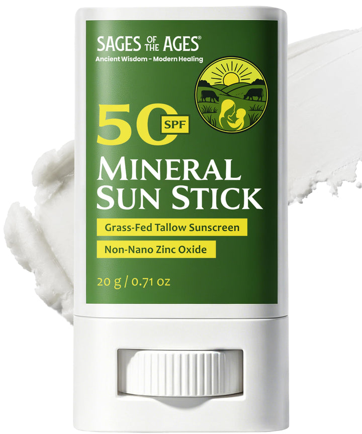 Sages Of The Ages front packaging showing compact SPF 50 stick for travel