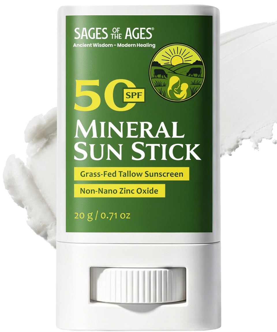 Sages Of The Ages front packaging showing compact SPF 50 stick for travel