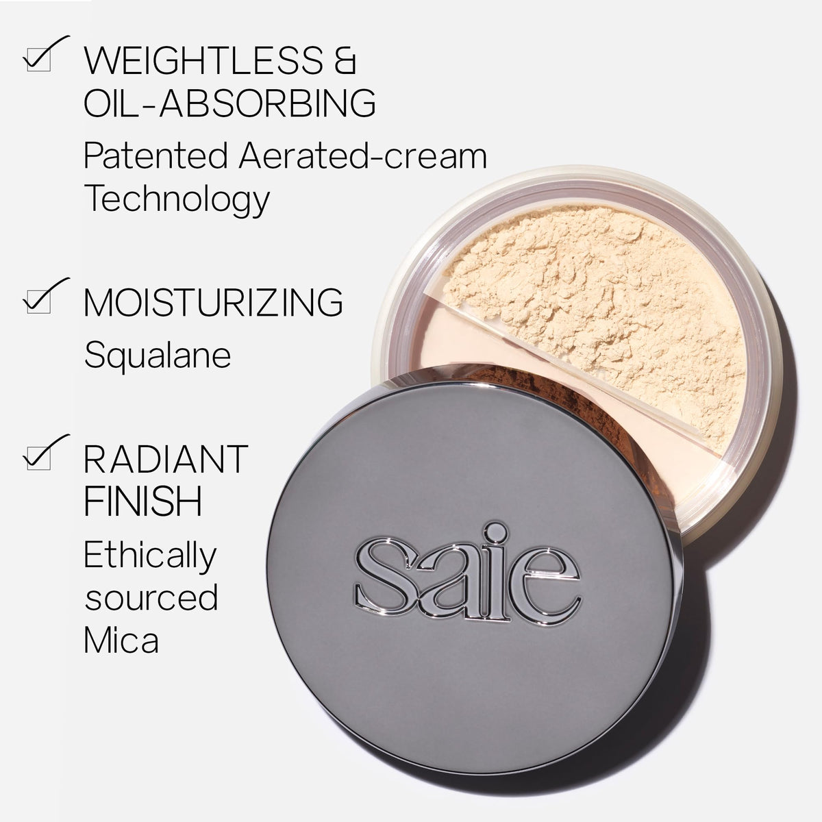 Close-up of Saie Airset powder texture demonstrating fine, blurring particles