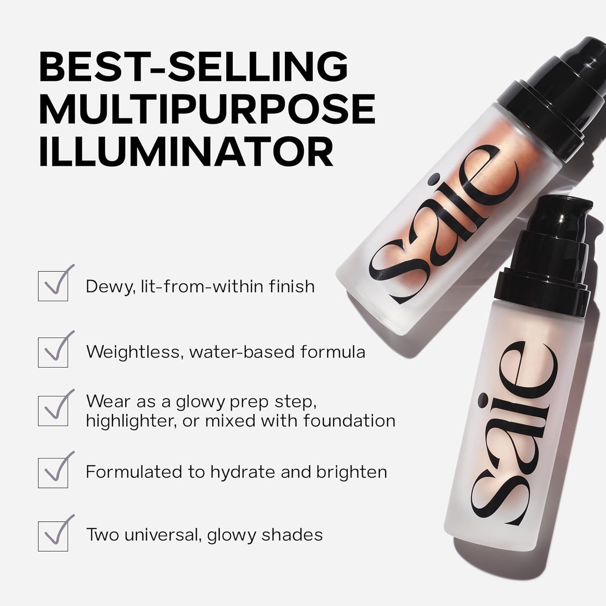 Saie application on cheekbone in mirror showing radiant highlight and natural finish