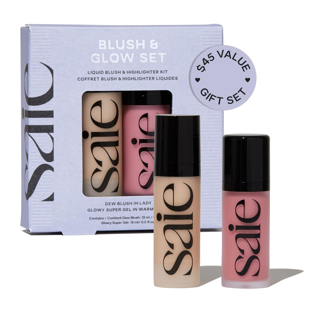 Saie blush & glow set front packaging showing both products and branding benefit: easy giftable kit