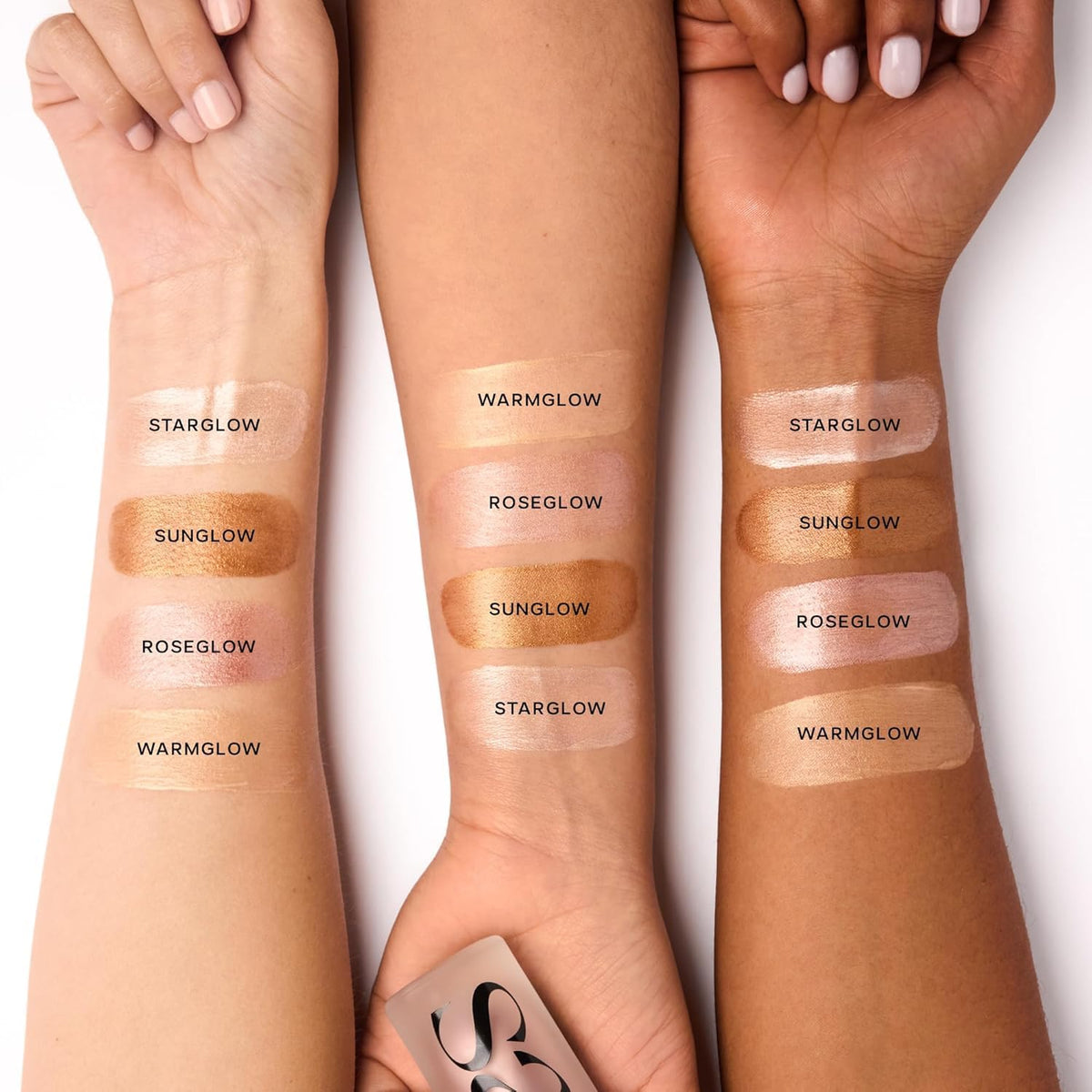Saie on collarbones and shoulders lifestyle image showing body glow and versatility