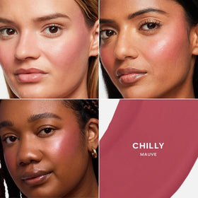 Saie model wearing blush on cheeks for natural dewy glow