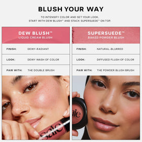 Saie Dew blush inside a makeup bag staged for on-the-go touch-ups