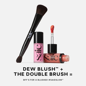 Saie blush trio in a makeup bag suggesting everyday portability and glow