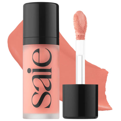 Saie front packaging showing rosy shade and dewy finish benefit