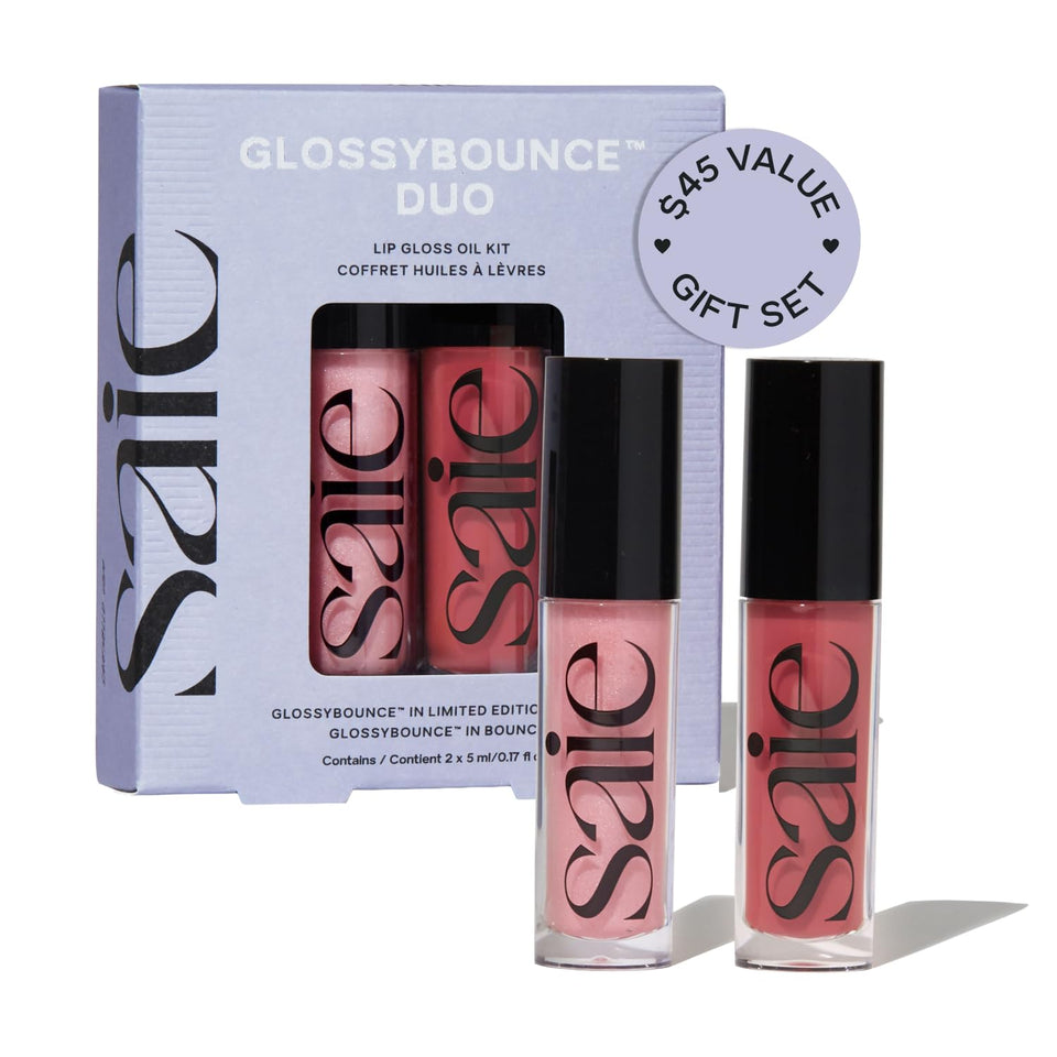 Saie Glossybounce front packaging showing glossy tinted lip oil and label benefits