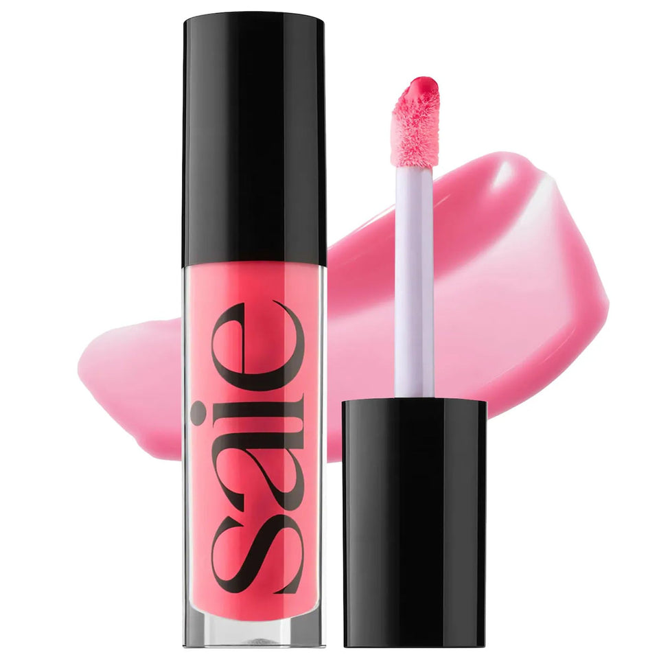 Saie glossybounce front packaging showing sleek tube and label, ideal for travel