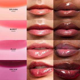 Saie glossybounce shade Play swatch on skin showing sheer, buildable tint and shine