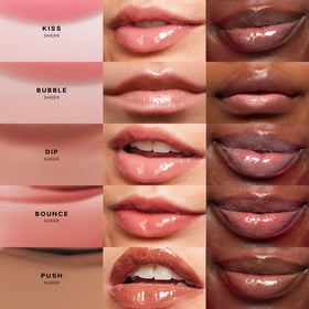 Saie Glossybounce shade swatches on arm showing sheer, buildable tint