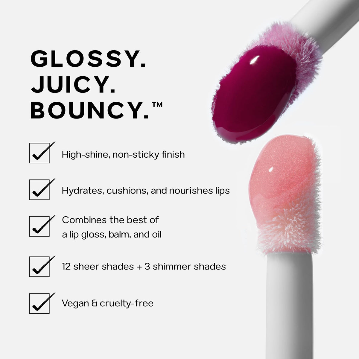 Saie Glossybounce swatch on skin in Disco and Bounce showing sheer color payoff