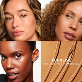 Saie mixed into foundation swatch, illustrates customizable luminous base