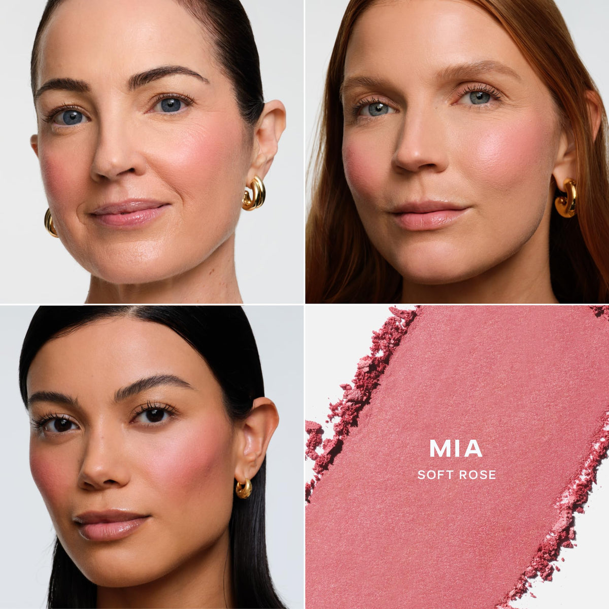 Saie brush applying Mia blush demonstrating easy pickup and diffused color