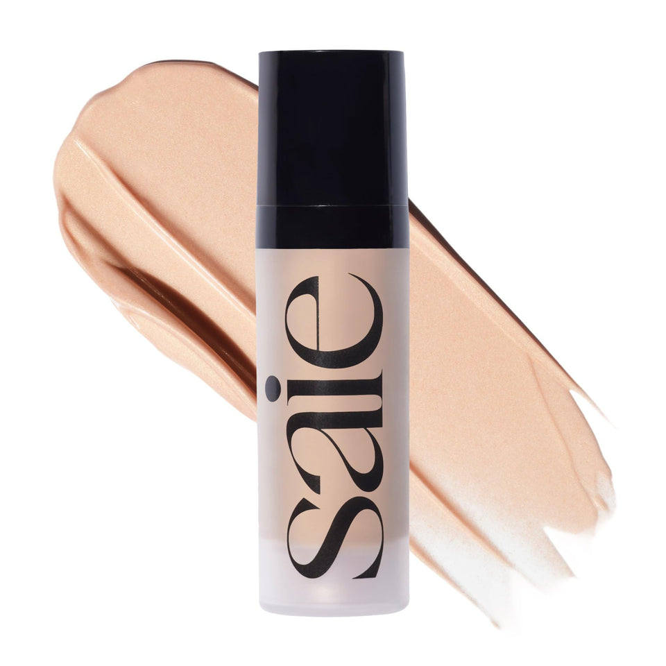 Saie front packaging showing mini Glowy Super Gel and compact advantage