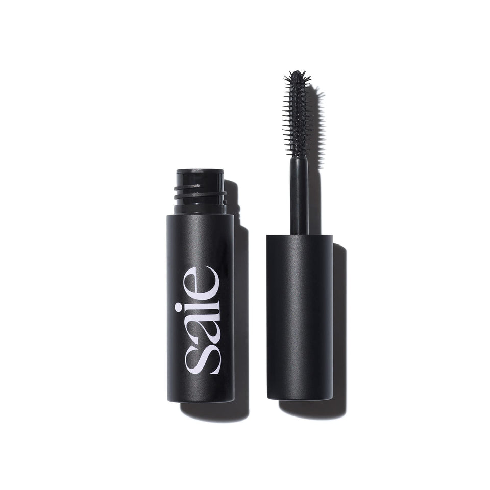 Saie mini mascara front packaging showing compact tube and branding for travel convenience