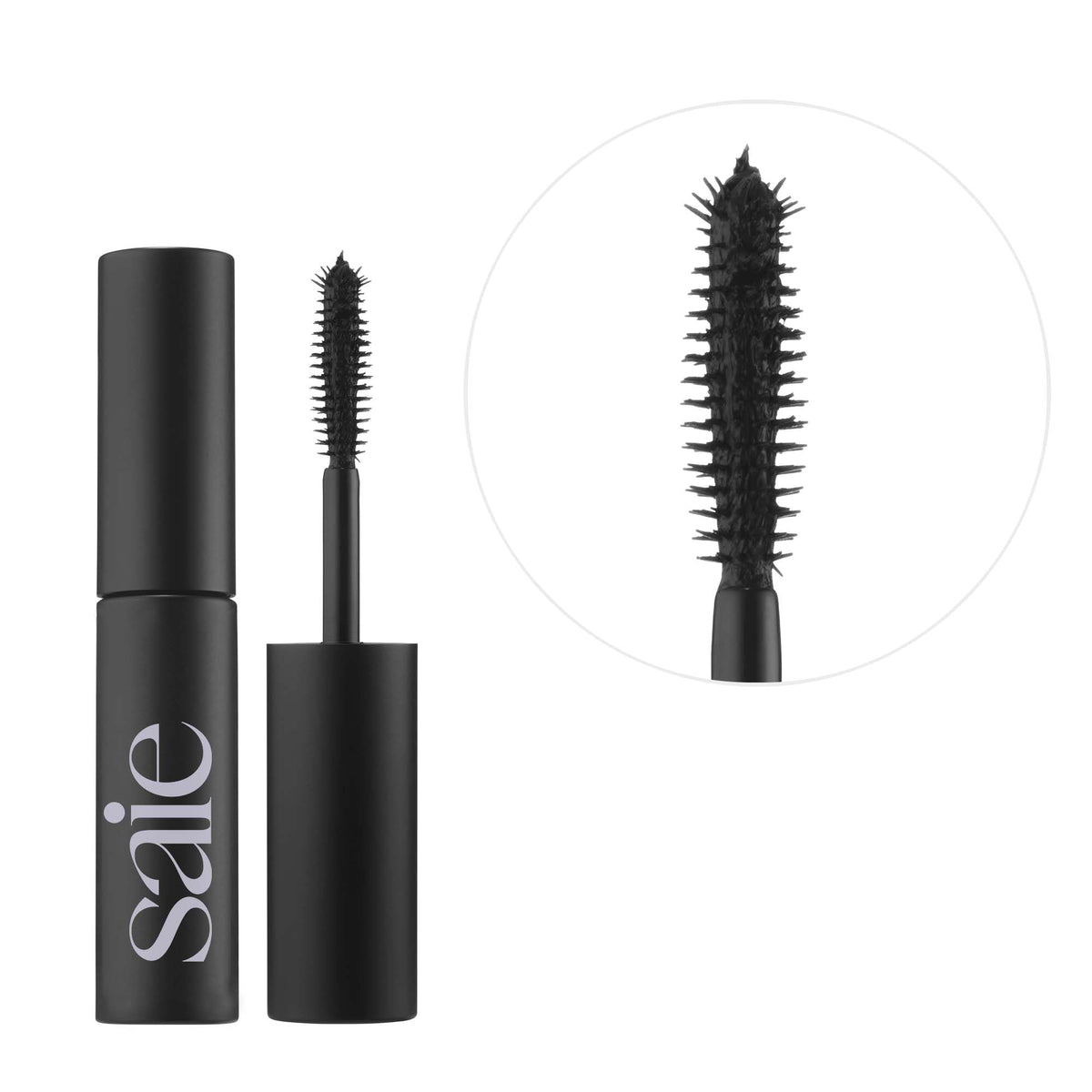 Saie mini mascara texture swipe showing rich black formula for smooth, clump-free coating