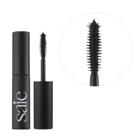 Saie mini mascara texture swipe showing rich black formula for smooth, clump-free coating