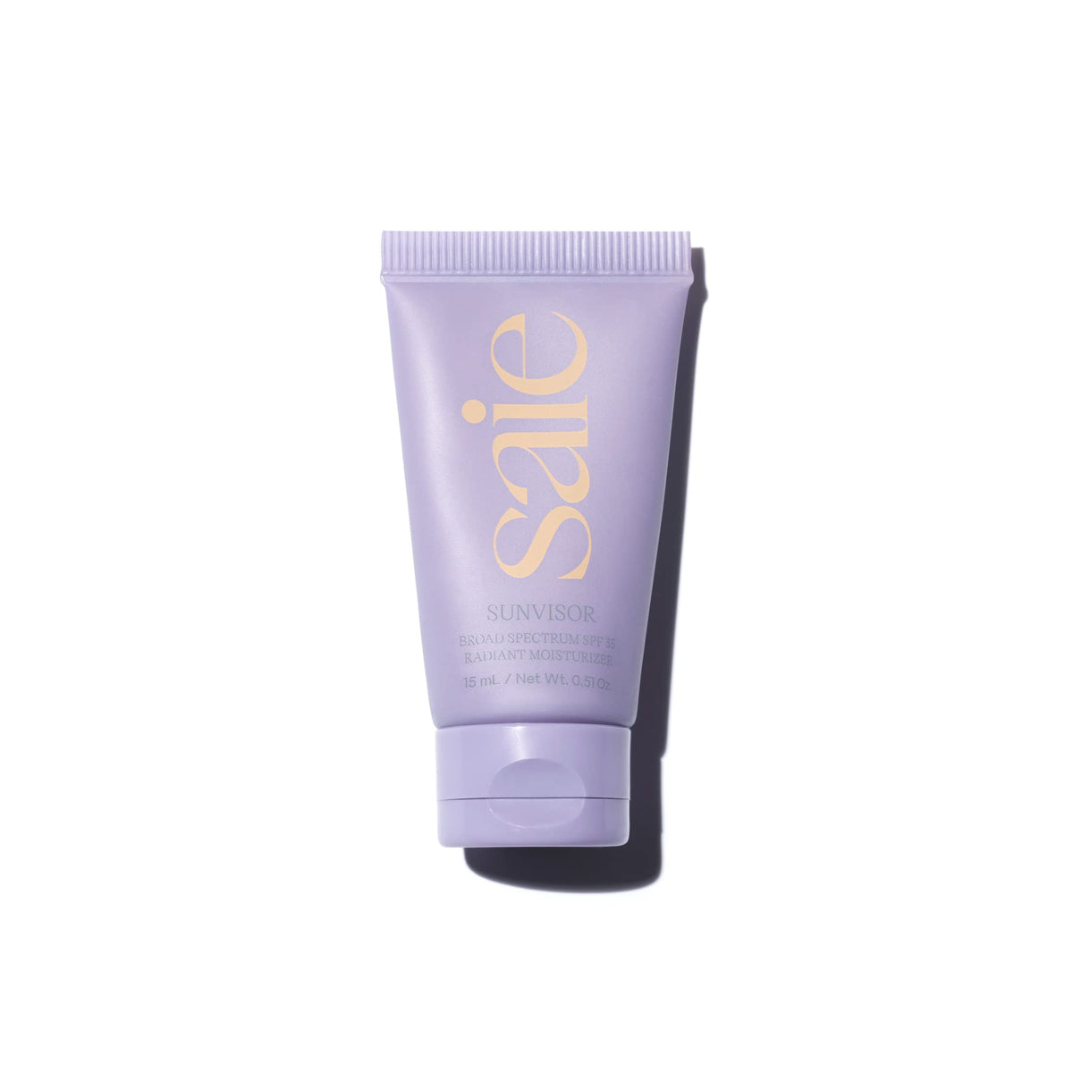 Saie front packaging showing mini Sunvisor SPF 35 and compact size benefit