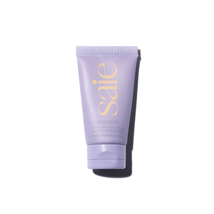 Saie front packaging showing mini Sunvisor SPF 35 and compact size benefit