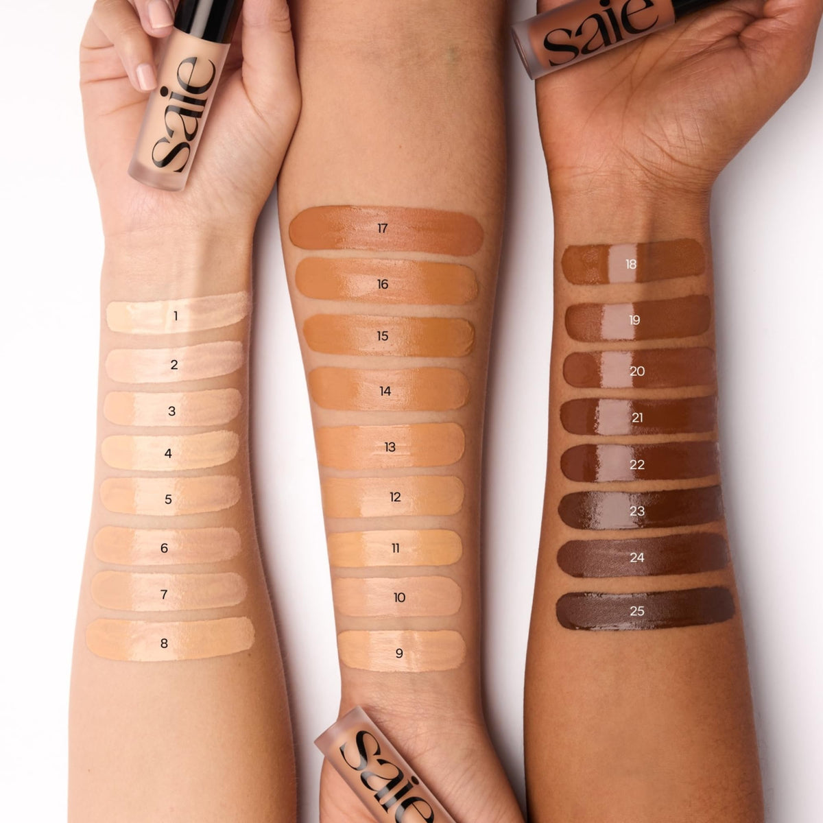 Saie shade 1 swatch on arm illustrating color match and buildable medium coverage