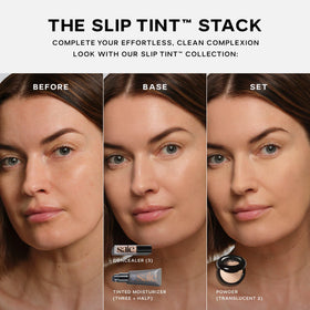 Saie slip tint applied on model for natural glowy finish and everyday wear benefit