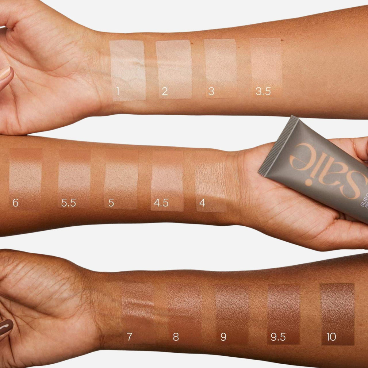 Saie Slip Tint applied on medium‑tan model illustrating Shade Six golden undertones