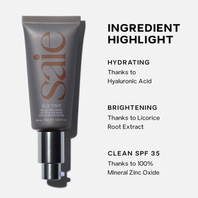 Saie slip tint packaging label closeup showing clean ingredients and safety benefit