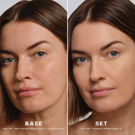 Saie Slip Tint pan close-up highlights smooth baked texture benefit: soft-blur appearance