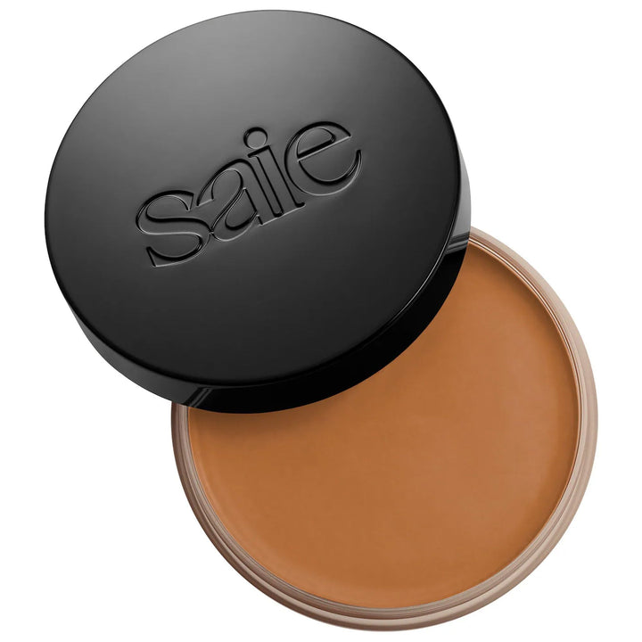 Saie Sun Melt front packaging shows compact bronzer and shade label benefit blendable finish