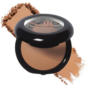 Saie SuperSuede Amalfi front pan showing warm bronzer tone for natural glow
