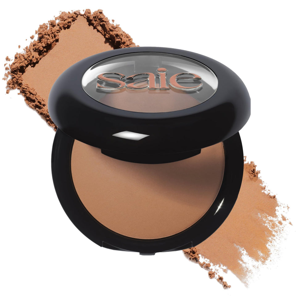 Saie SuperSuede Amalfi front pan showing warm bronzer tone for natural glow