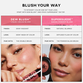 Saie SuperSuede packaging label detail showing clean formula and ingredient highlights