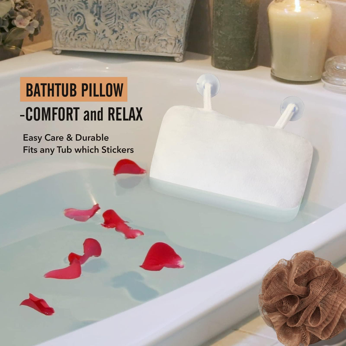 Saint Roy bath pillow in tub lifestyle scene promoting restful, ergonomic bath support