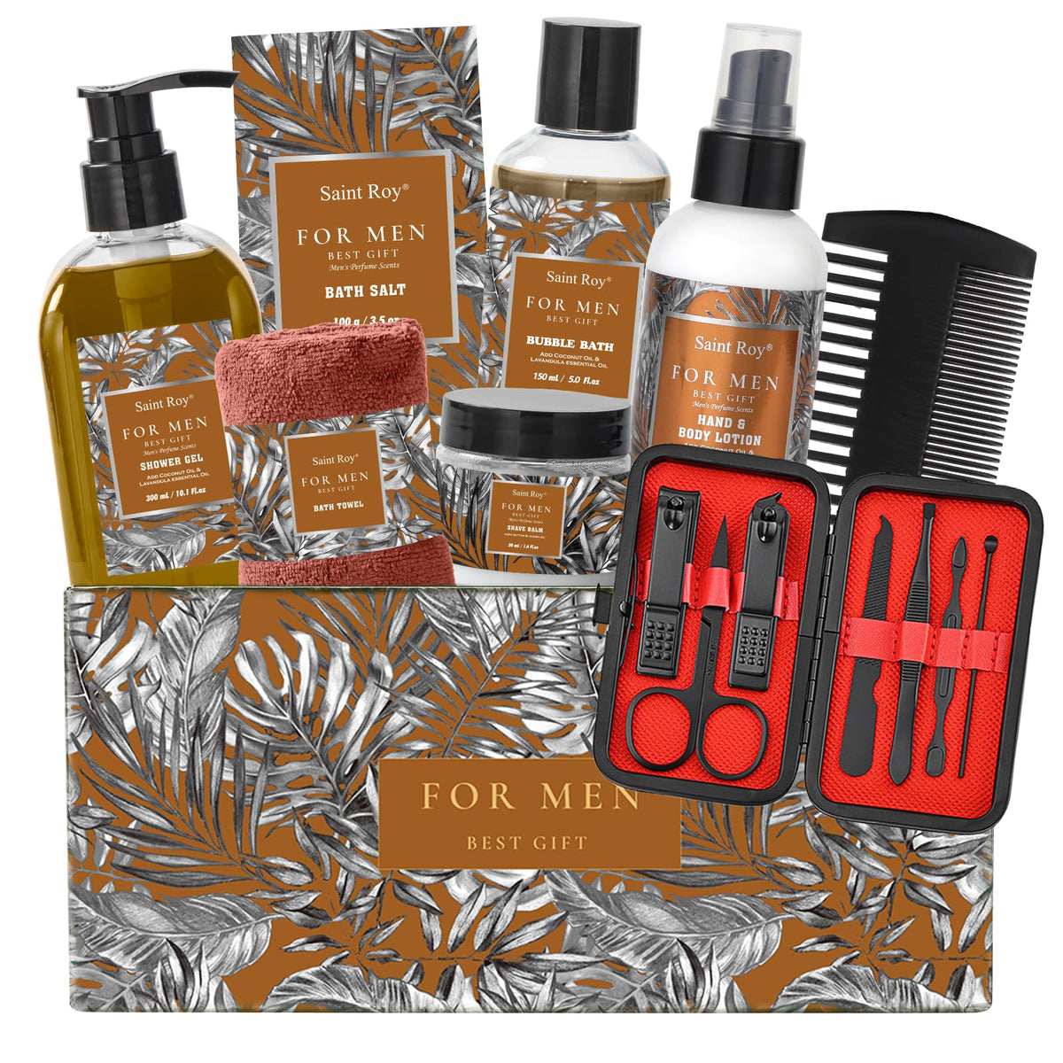 Saint Roy front packaging showing entire 15-piece set and presentation-ready basket for gifting