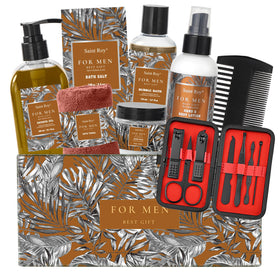 Saint Roy front packaging showing entire 15-piece set and presentation-ready basket for gifting