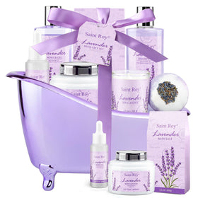Saint Roy front packaging showing full lavender spa set and gift tub