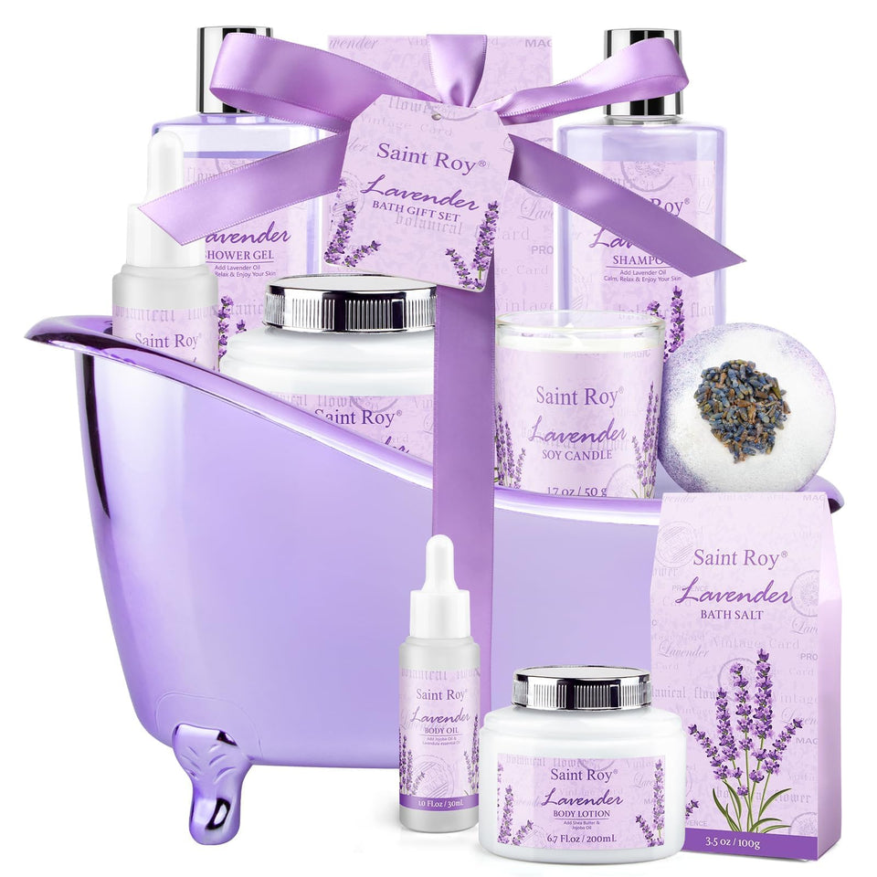 Saint Roy front packaging showing full lavender spa set and gift tub