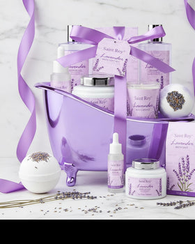 Saint Roy scented candle lit creating calming lavender ambience