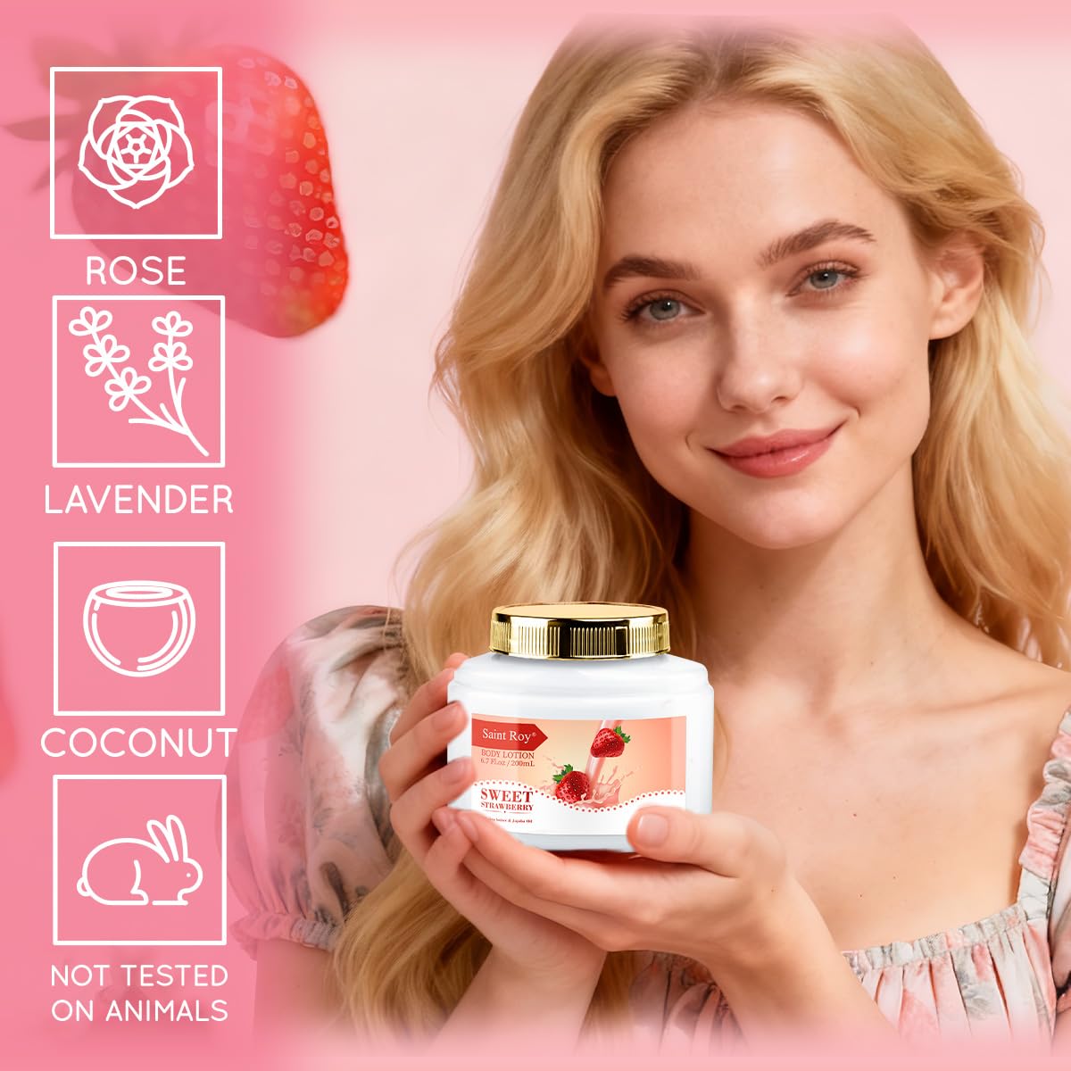 Saint Roy strawberry shower gel label showing scent and gentle cleansing
