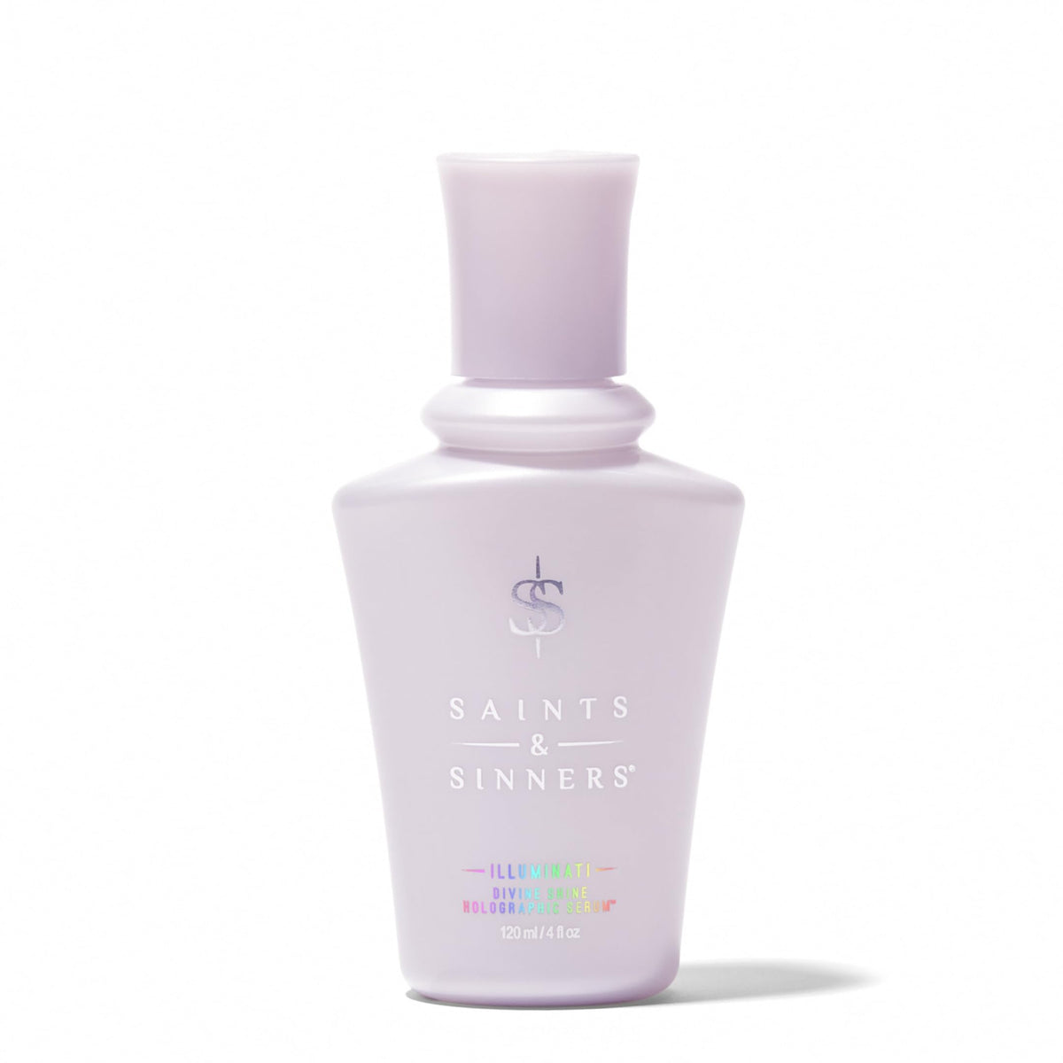 Saints & Sinners front bottle shot showing holographic serum glow and premium packaging benefit