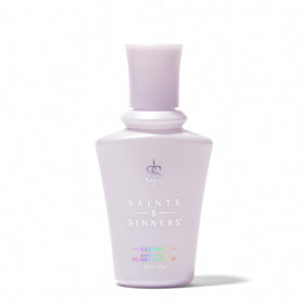 Saints & Sinners front bottle shot showing holographic serum glow and premium packaging benefit