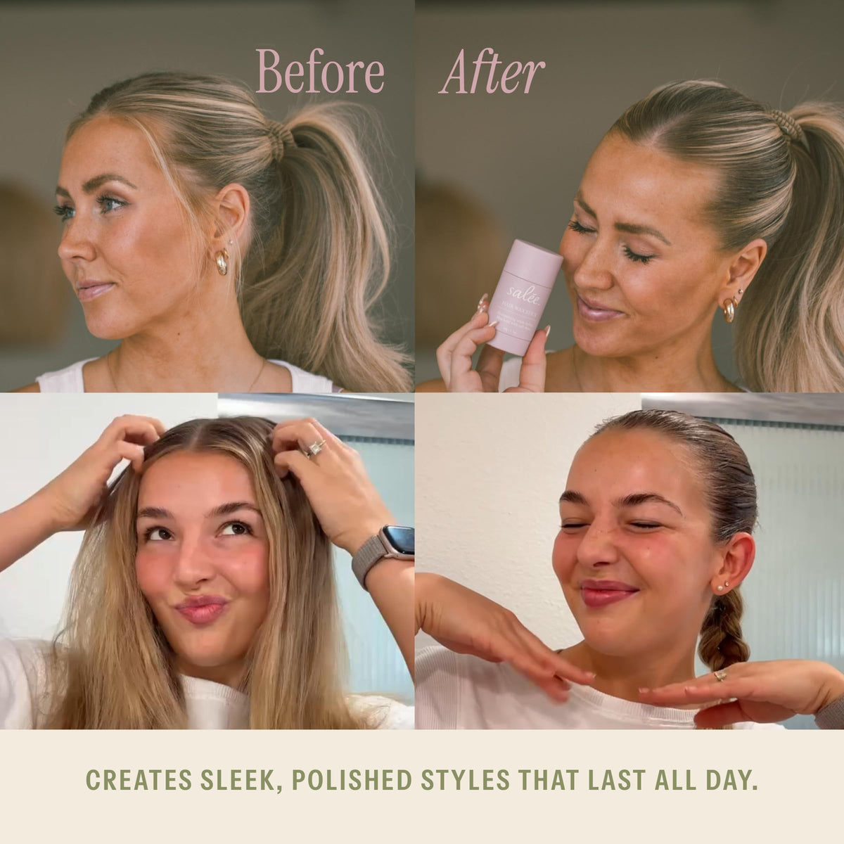 SALEE. cream applied to damp hair demonstrating anti-frizz smoothing and softness