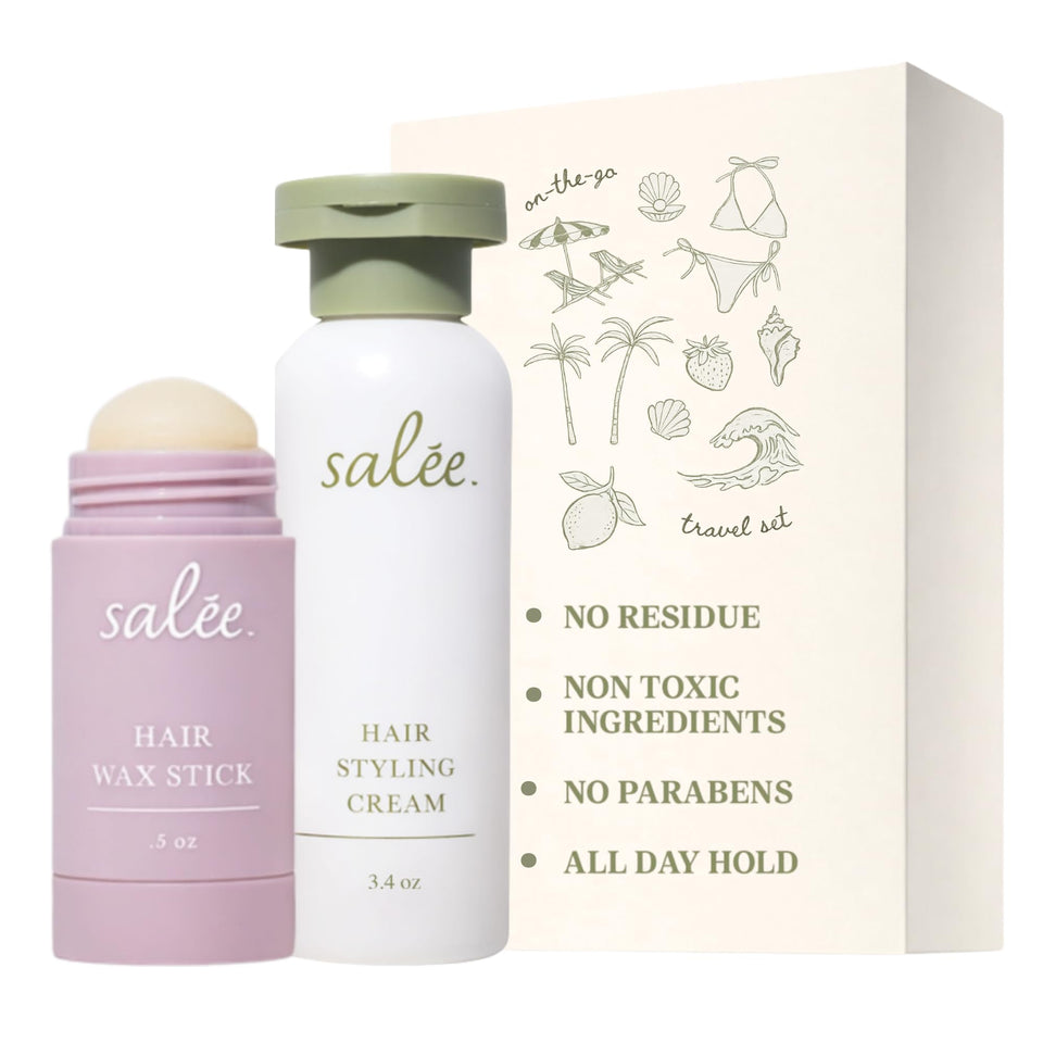 SALEE. duo front packaging showing travel-size cream and wax stick for on-the-go styling