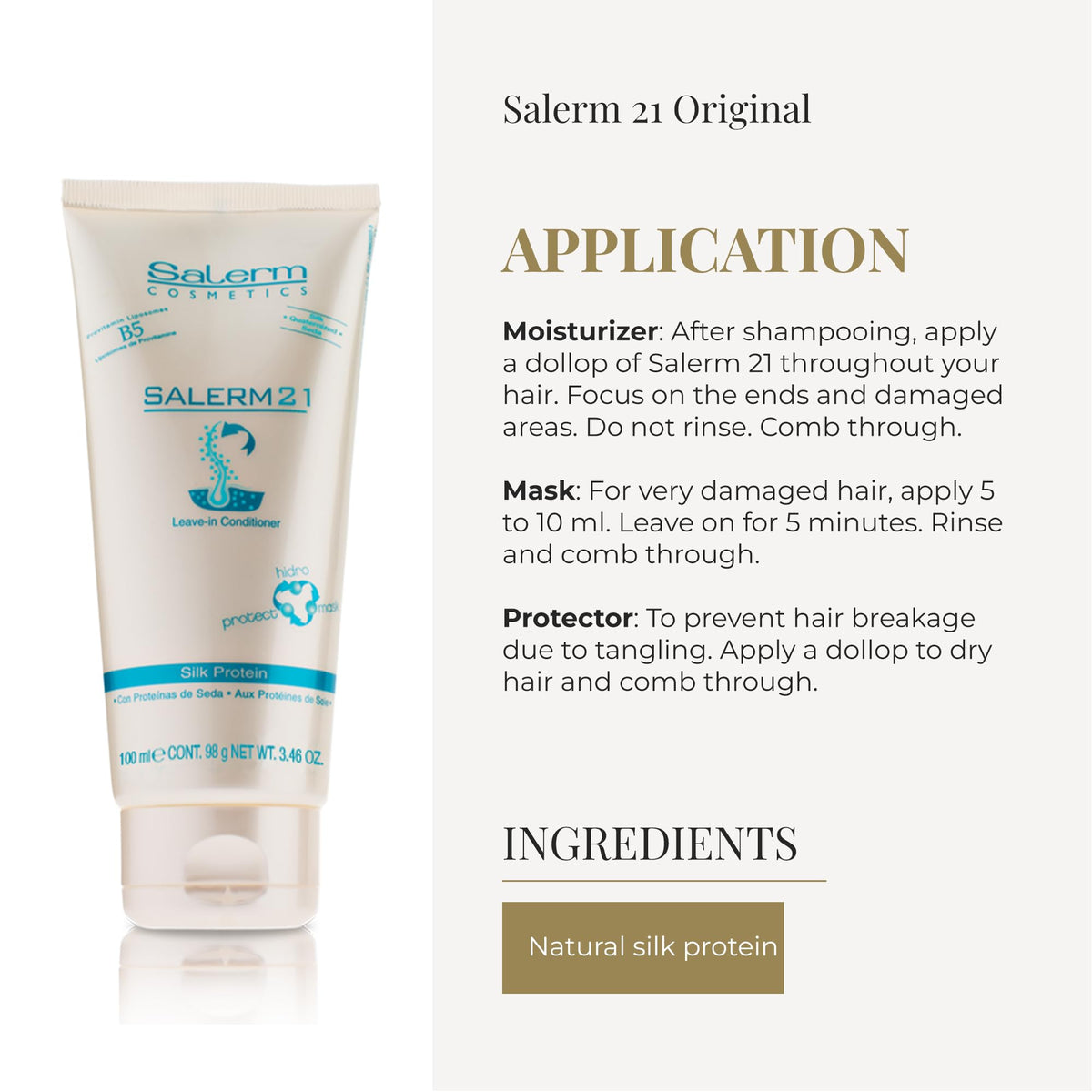 SALERM 21 application on damp hair showing detangling and smoothing benefit