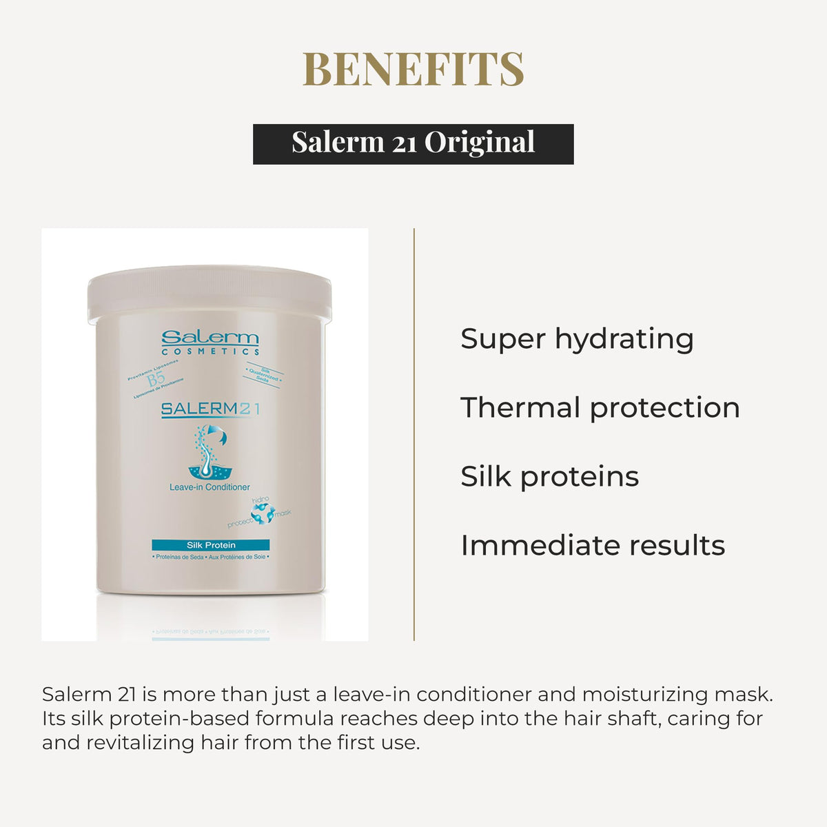SALERM close-up label detail emphasizing silk protein formula and instructions